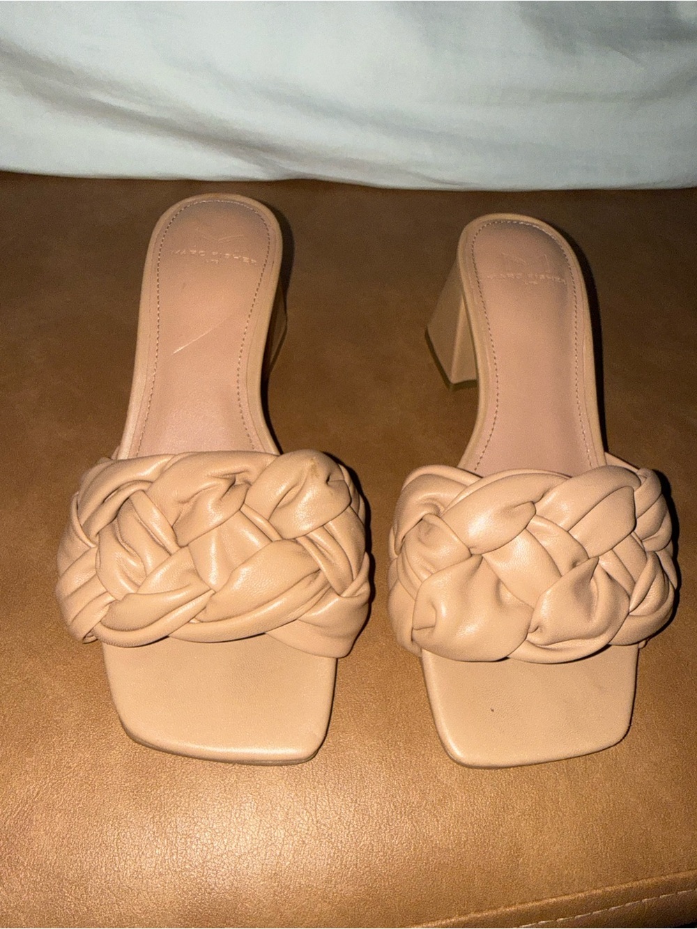 Marc Fisher Braided Leather Slide Mules in Nude Pink